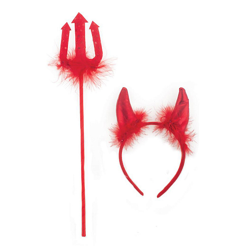 Красный набор «Дьявол»: рожки на ободке, мини-трезубец